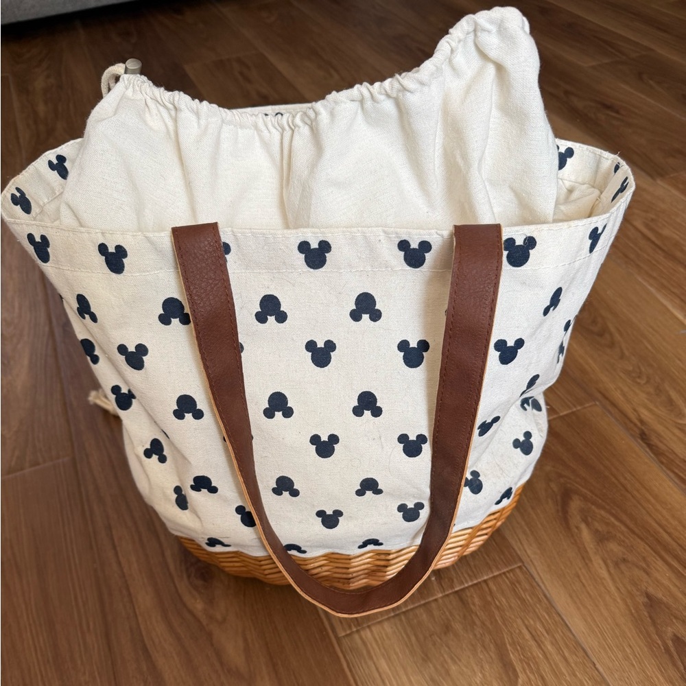 Disney Cream Canvas Tote with Navy Mickey Print and Brown Handles
